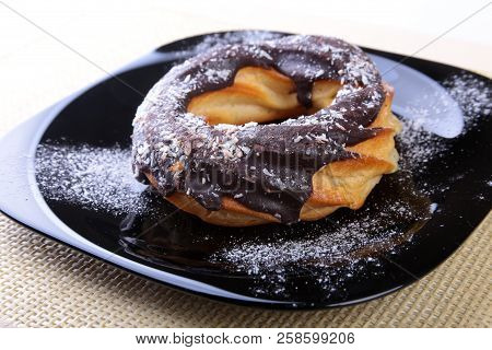Homemade Traditional Polish Sweets Doughnuts On Black Plate.