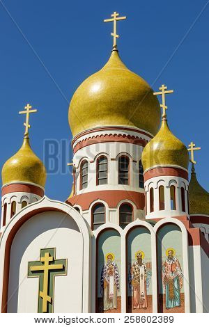 Exterior Of The Holy Virgin Cathedral. View Of The Newly Restored Onion Domes Of The Russian Orthodo
