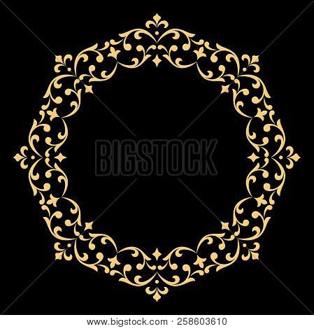 Vintage Round Frame In Retro Style, Barroco. Flower Decorative Gold Ornament, Element For Greeting C