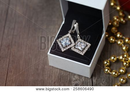 Silver Earrings With Fianits In White Gift Box. Gift For Christmas.