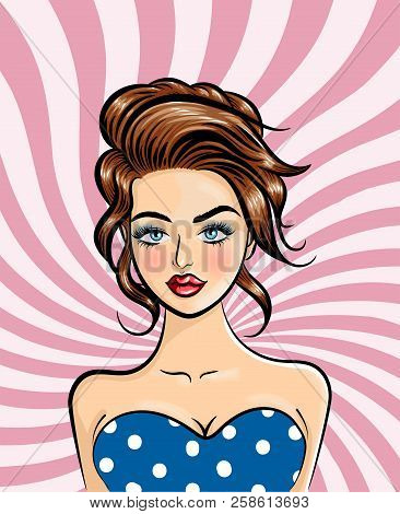 A Beautiful Young Woman In Retro Pop Art Style. Vector Isolated Illustration.