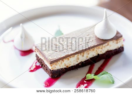 Tasty Cheesecake On White Plate With Jam And Green Leaf.