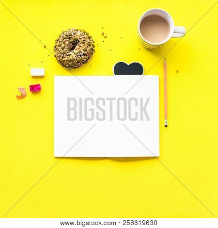 Notebook Open Pencil Chalkboard Heart Frame Your Text Coffee Cup Drink Fresh Bun Donut Cereals Sesam