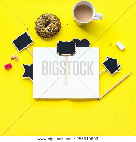 Notebook Open Pencil Chalkboard Different Frame Your Text Coffee Cup Drink Fresh Bun Donut Cereals S