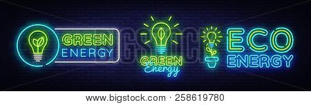 Big Collection Neon Signs. Green Energy Neon Logos Vector. Green Energy Neon Text, Design Template, 