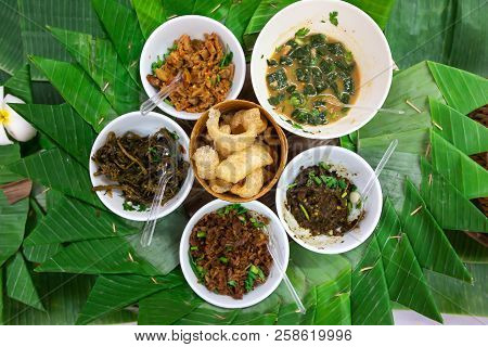 Many Kinds Of Thai Food On Green Banana