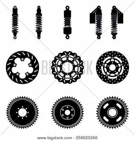 Suspension Shock And Brake Disc Icons Set. Vector Illustration