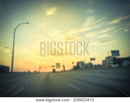 Filtered Tone Blurry Background Usual Traffic Condition On Highway Interstate At Sunrise In Usa