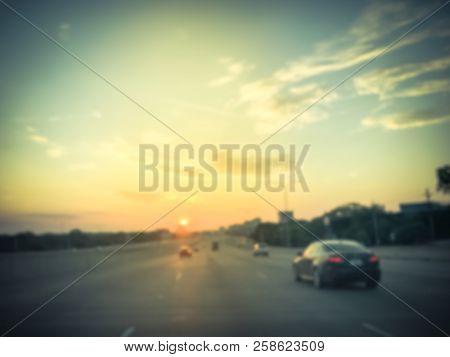 Filtered Tone Blurry Background Usual Traffic Condition On Highway Interstate At Sunrise In Usa