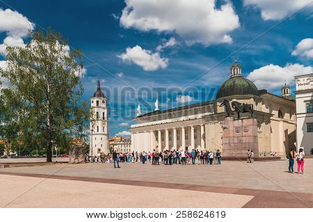 Vilnus, Lithuania - 27.06.2018, View Of Vilnius Cathedral Square, Cathedral Basilica Of St Stanislau