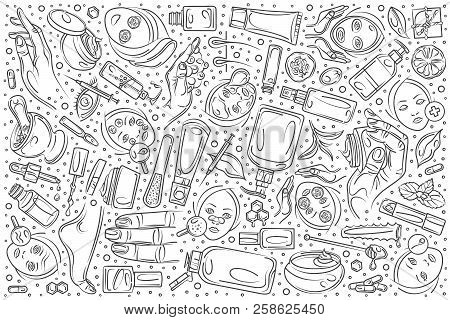 Hand Drawn Cosmetology Set Doodle Vector Background