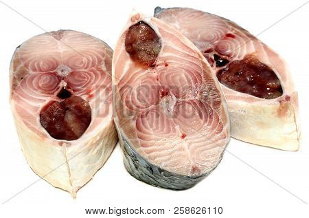 Uncooked Hilsha Fish Slices Of Southeast Asia On White Background