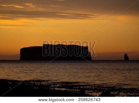 View From Grettislaug/ Reykjadiskur To Drangey Island On A Midsummer Night In June