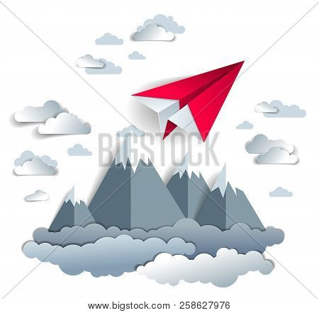 Origami Paper Plane Toy Flying In The Sky Over Mountain Peaks, Perfect Vector Illustration Of Scenic