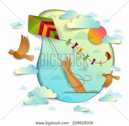 Hand Holding Kite Over Cloudy Sky Birds Flying And Sun, Freedom And Easiness Emotional Concept, Vect