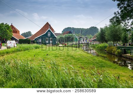 Zaanse Schans, Netherlands, August 19, 2015 - Traditional, Authentic Dutch Houses And Bridge At The 
