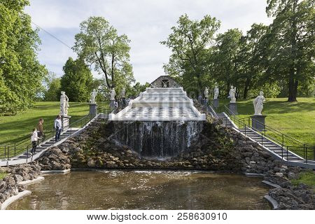 St Petersburg, Russia - 03 June, 2018: Horizontal Picture Of Cascade Fountain At Peterhof, Important