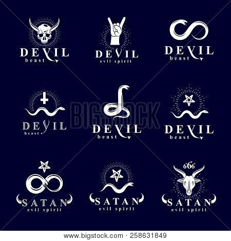 Set Of Vector Demonic Infernal Mystic Logotypes Created Using Poisonous Snakes, Horned Wicked Dead H