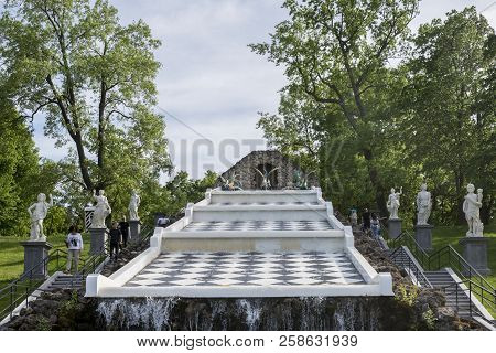 St Petersburg, Russia - 03 June, 2018: Zoom Picture Of Cascade Fountain At Peterhof, Important Landk