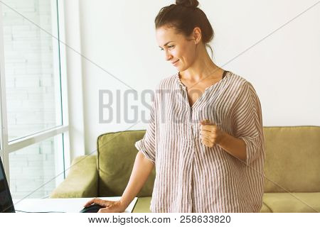Young Beautiful Woman Working At Her Home Office Communication Computer Internet Laptop Businesswoma