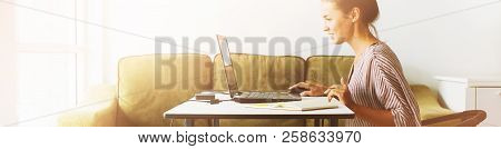 Young Beautiful Woman Working At Her Home Office Communication Computer Internet Laptop Businesswoma