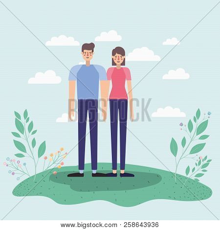 Young Couple Walking On The Park Airview Scene Vector Illustration Design