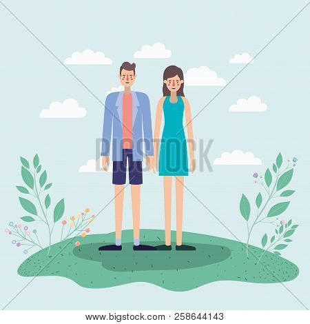 Young Couple Walking On The Park Airview Scene Vector Illustration Design