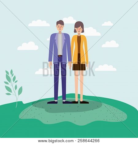 Young Couple Walking On The Park Airview Scene Vector Illustration Design