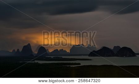 View Of Phang Nga Bay From Samet Nangshe Viewpoint At Moon Rise, Thailand