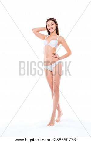 Vertical Fullsize Length Portrait Of Stunning Graceful Gentle Girl With Ideal Sportive Figure Shape 
