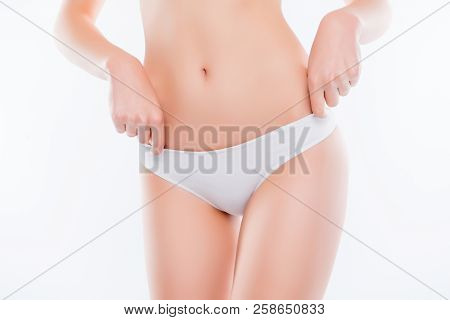 Cropped Close Up Photo Of Woman's Skinny Slim Thin Hips In Cotton Panties Isolated On White Backgrou