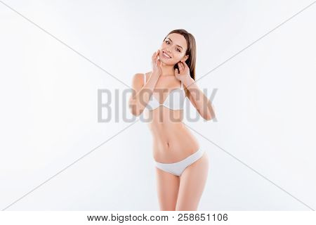 Cosmetics Beauty Salon Shop Concept. Portrait Of Skinny Thin Slender Woman In Underlinen Touching He