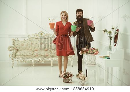 Couple In Love Concept. Happy Couple In Love Celebrate Spring. Couple In Love Of Man And Woman Hold 