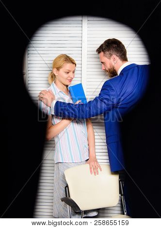 View Through Keyhole. Woman Suffer From Violence In Office. Worker Lady Suspected In Rights Violatio