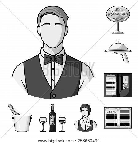 Restaurant And Bar Monochrome Icons In Set Collection For Design. Pleasure, Food And Alcohol Vector 