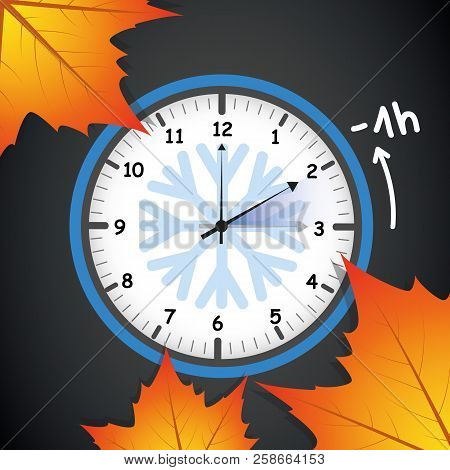 Switch To Winter Time Concept For Daylight Saving With Autumn Leaves On Black Background Vector Illu
