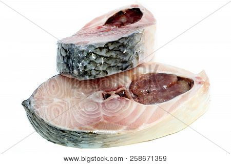 Uncooked Slices Ilish Fish Of Southeast Asia On White Background