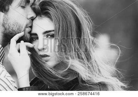 Sexy Man And Girl With Fashion Makeup And Long Hair Touching Each Other With Love And Tenderness. Yo