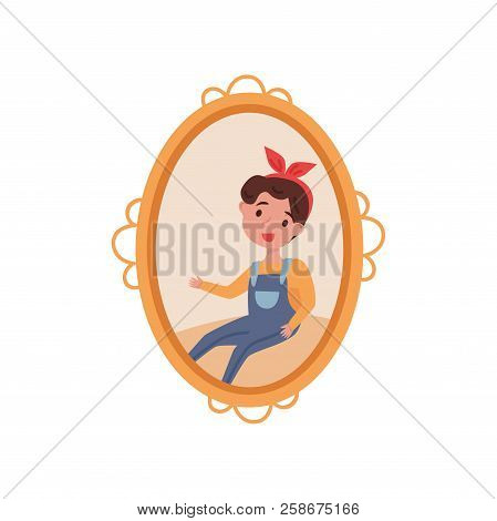 Portrait Of Cute Little Girl, Family Photo In Wooden Frame Vector Illustration On A White Background