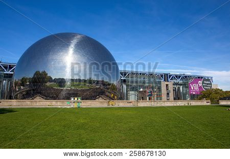 Paris, France, September 9, 2018 - The Geode At City Of Science And Industry In The Villette Park, P