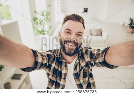 Self-portrait Of Handsome Attractive Bearded Young Excited Brunet Men Wearing Casual, At Home