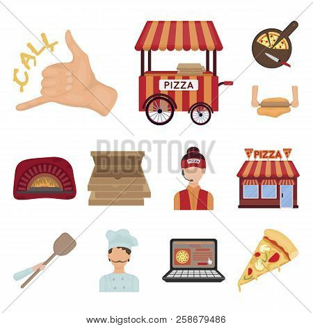 Pizza And Pizzeria Cartoon Icons In Set Collection For Design. Staff And Equipment Vector Symbol Sto