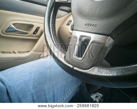Airbag Sign Of Safety In Modern Car. Protection System For Car Drivers Accident. Bright Salon Luxury