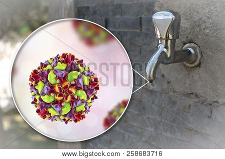 Safety Of Drinking Water Concept, 3d Illustration Showing Polio Viruses Contaminating Drinking Water