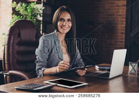 Adorable Attractive Smart Clever Young Brunette Smiling Woman Wearing Checkered Jacket, Working Sitt