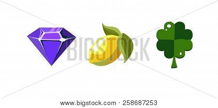 Slot Machine Symbols, Diamond, Lemon Ftuit, Clover Leaf, Game User Interface Elements For Computer O