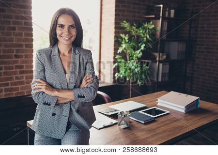 Beautiful Elegant Classic Trendy Latin Smiling Lady Freelancer, Company Founder With Folded Crossed 