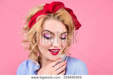 Closeup Portrait Woman With Bright Pin Up Make Up. Pin-up Clothes. Portrait Sensual Blonde Pin Up Gi
