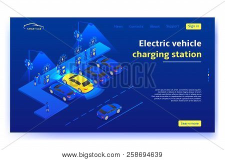 Electric Vehicle Charging Station Concept. Smart Electric Car Charges On Station In Modern City. Iso