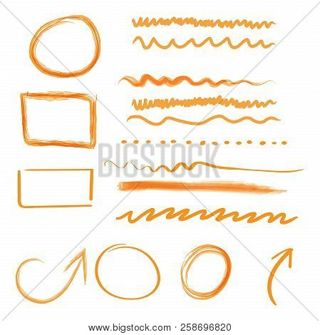 Hand Drawn Arrows And Circles Icon Set. Collection Of Pencil Ske